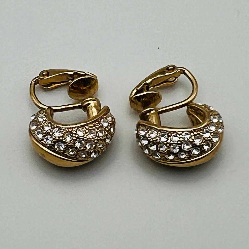 Womens Avon Clip On Earrings Hoop Pave Gold Tone Rhinestone Classic Vintage